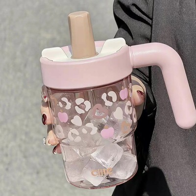 希乐tritan学生苹果马克杯600ml水杯把手塑料吸管杯男女上班杯子