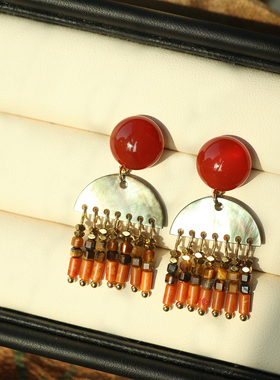 《红朱玉》原创复古小众新中式敦煌配色异域风天然红玛瑙贝壳耳环