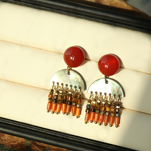 《红朱玉》原创复古小众新中式敦煌配色异域风天然红玛瑙贝壳耳环