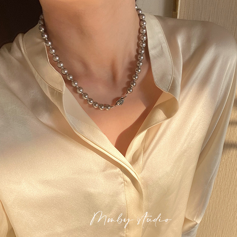 清冷银灰施家珍珠项链纯银女