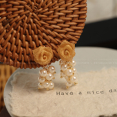 轻奢高级感金色花朵流苏珍珠耳环气质百搭耳坠耳饰 法式 黄玫瑰