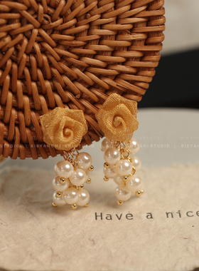 《黄玫瑰》法式轻奢高级感金色花朵流苏珍珠耳环气质百搭耳坠耳饰