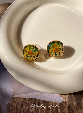 《谷山茶》复古法式金箔向日葵茶花简约小众设计感方形耳钉耳夹女