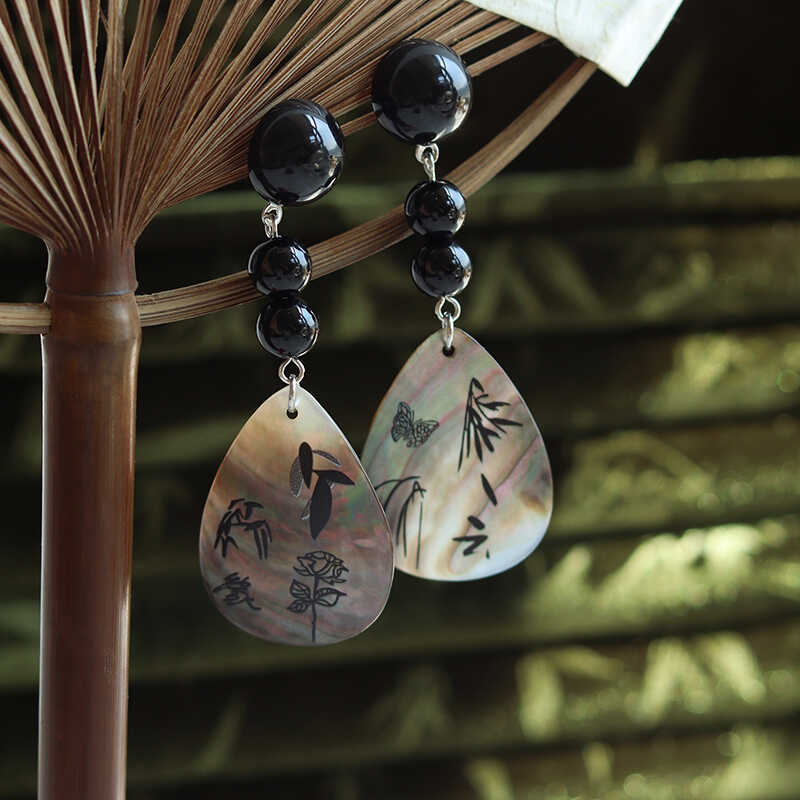 「浮光竹影」新中式古风高级感黑色串珠贝壳竹叶耳钉耳环耳坠女