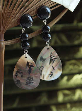 「浮光竹影」新中式古风高级感黑色串珠贝壳竹叶耳钉耳环耳坠女