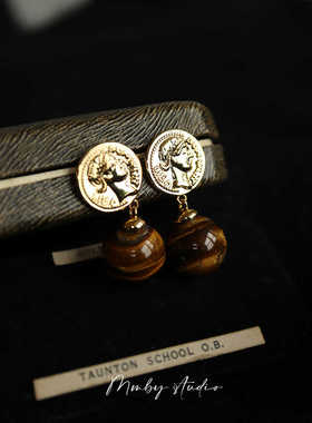 《罗马日记》复古法式天然虎眼石小众设计高级感气质耳坠耳夹女