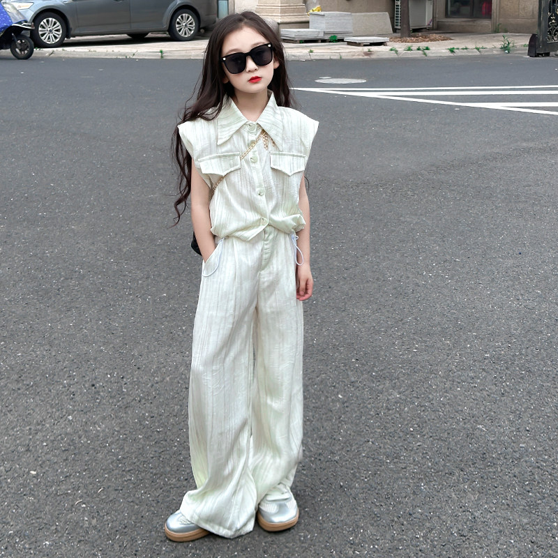 thumbnail for Girls' French Ice Silk Sleeveless Shirt Premium 2024 New Casual Straight-leg Wide-leg Pants Texture Two-Piece Set
