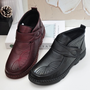 老北京布鞋冬季短靴女薄绒二棉鞋时尚妈妈棉靴牛筋软底仿皮 41 42