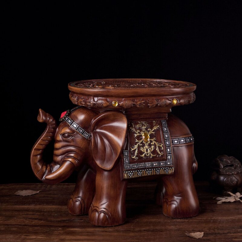 吉祥招财玄关摆件仿木大象换鞋凳树脂工艺品中国风创意礼品
