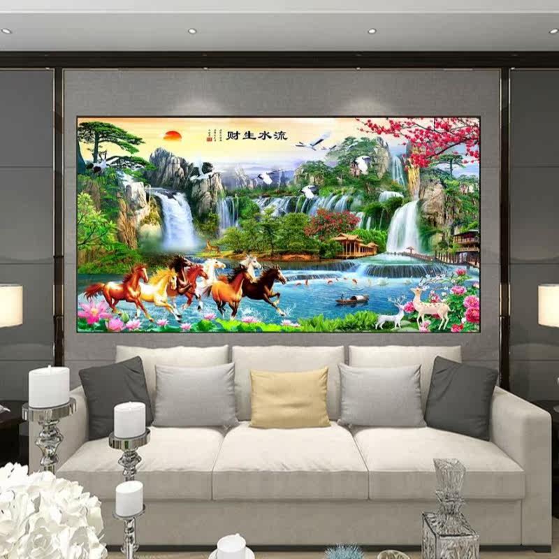 十字绣图案十字架小图厅流水生财马到成功八骏图风景手工满绣刺绣