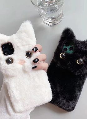 猫咪秋冬毛茸适用vivos9/s7e/s10/s12/x50/x60/X70/X80情侣手机壳套OPPOreno8/RENO9PRO毛绒华为p60/P50/P40+
