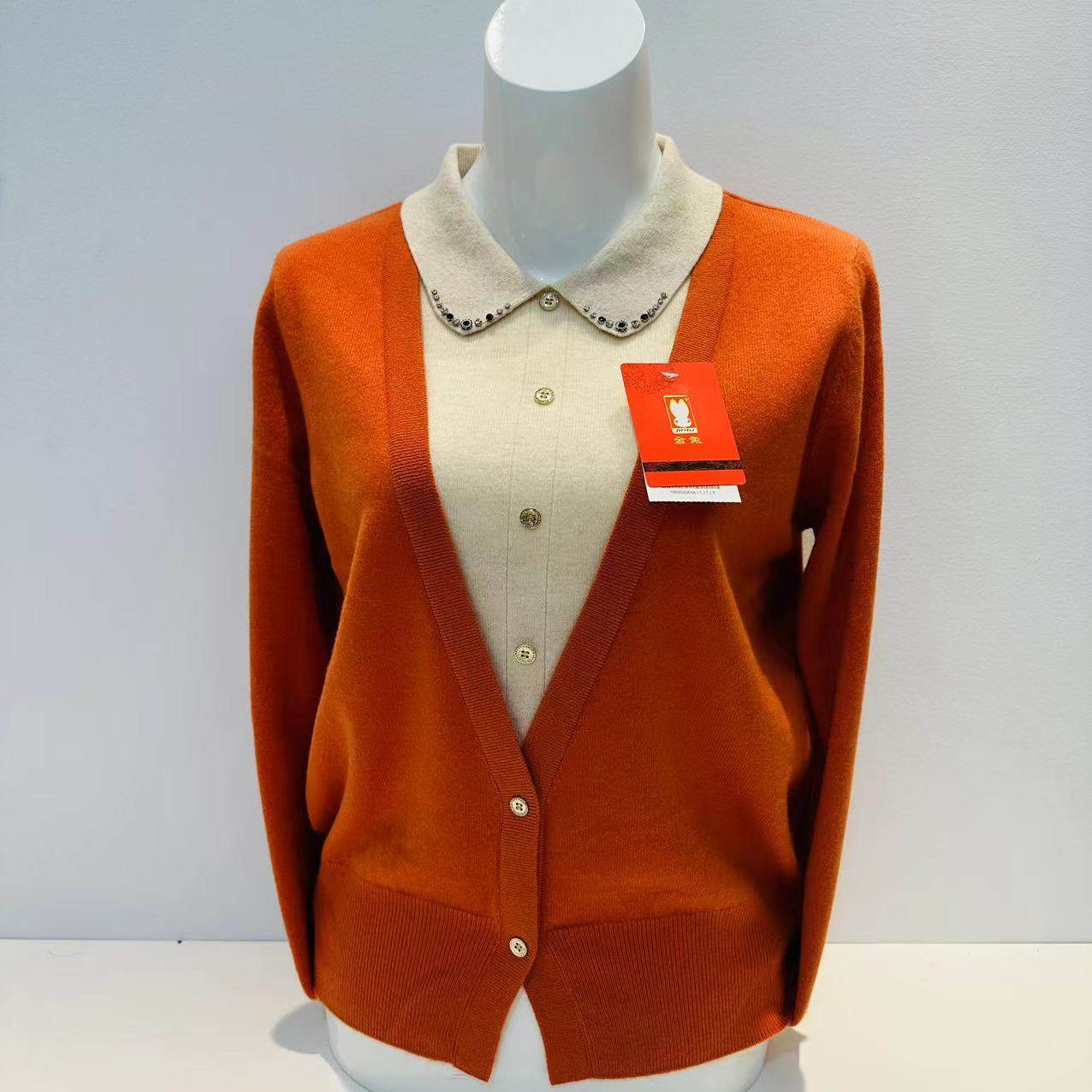 上海金兔正品女100%纯羊毛洋气妈妈羊绒衫假两件毛衣翻领t恤针织