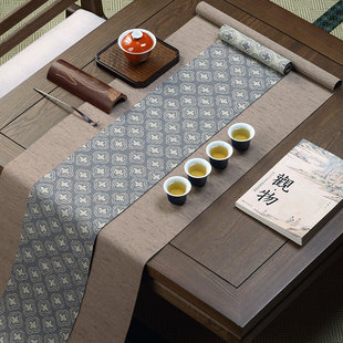 老花复古大号禅意茶席麻布茶垫棉麻桌旗布艺中式简约加厚茶台桌布