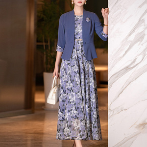 蓝色时尚套装女2026春夏新款优雅七分袖西装外套印花连衣裙两件套