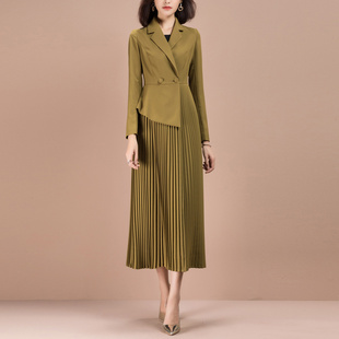 2025新款 納繹西裝 連衣裙秋季 女裝 收腰洋氣氣質(zhì)百褶裙子假兩件 秋季