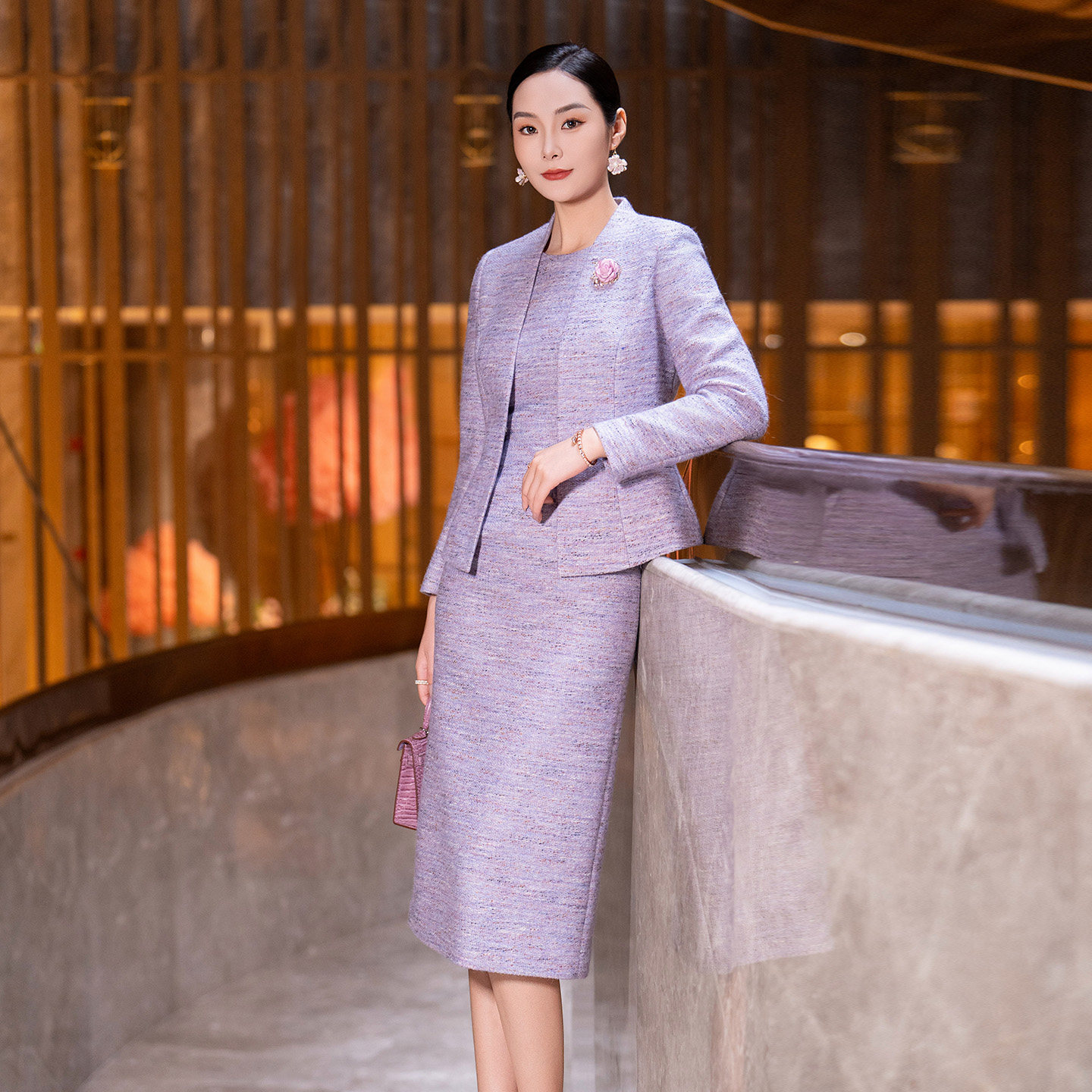 紫色小香风套装裙女2025冬季新款时尚气质修身毛呢连衣裙两件套