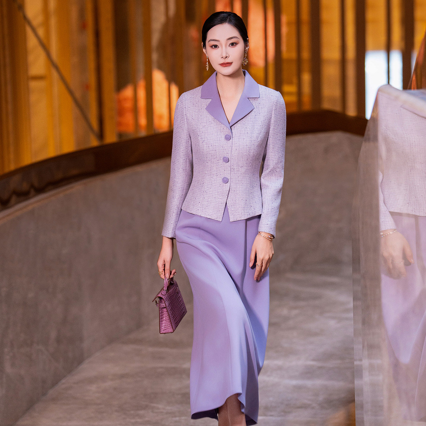 紫色粗花呢小香风连衣裙2026春新款女装气质端庄假两件修身a字裙