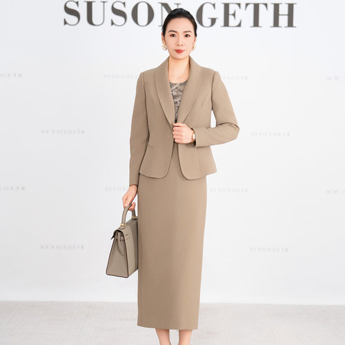 气质青果领咖色时尚毛呢套装裙女