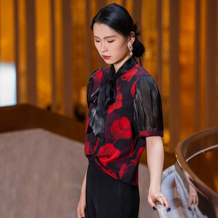 复古红印花缎面雪纺衫女飘带领短袖印花衬衫名媛风气质上衣
