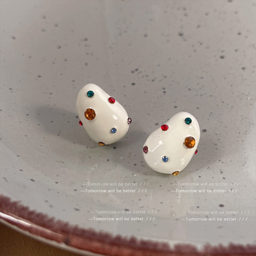 糖果色奶糖~镶钻滴油豆豆耳钉女日韩小众设计趣味个性耳环耳饰品