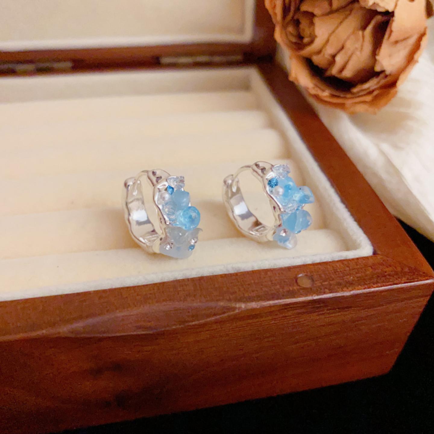 小清新不规则蓝色水晶耳扣气质