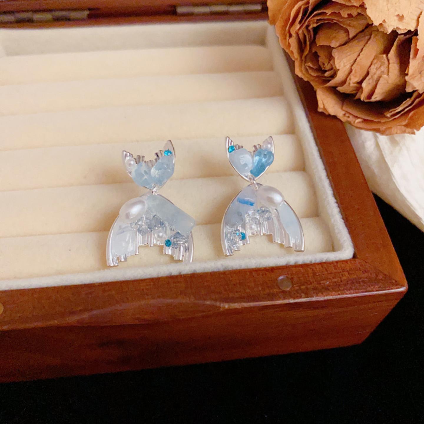 小清新气质蓝水晶鱼尾珍珠耳环女