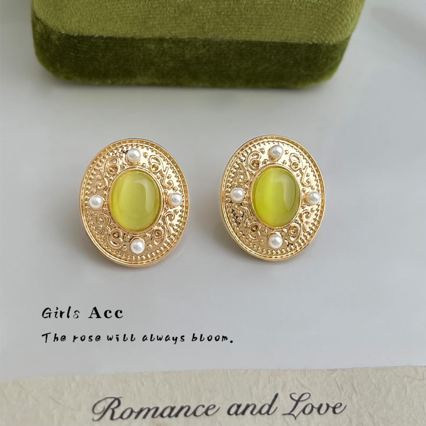 文艺复古玻璃猫眼石耳环时尚几何