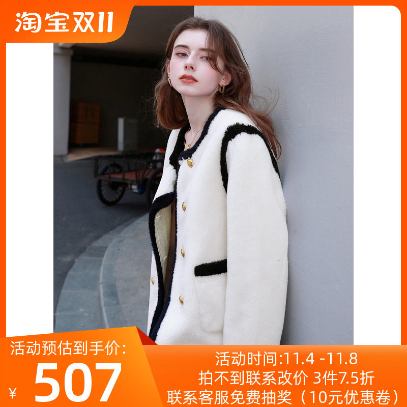 三彩女装2023冬季新款香风绵羊毛皮草外套圆领颗粒绒上衣撞色优雅怎么样,好用不?