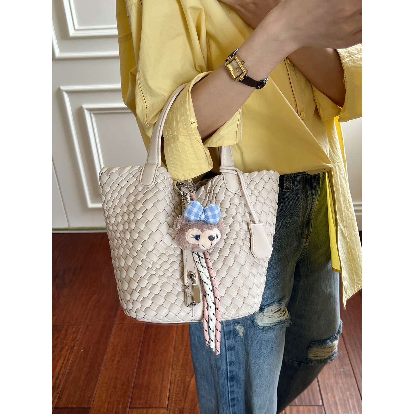 软皮手工编织菜篮子水桶包手提包