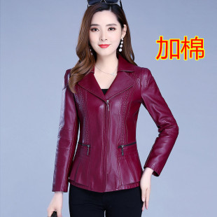领中年妈妈大码 2025春秋冬新款 西装 加棉pu时尚 上衣 皮衣外套女短款