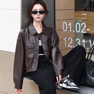 【三彩宋轶同款】2025春秋季新款PU皮衣外套短皮夹克机车上衣女M
