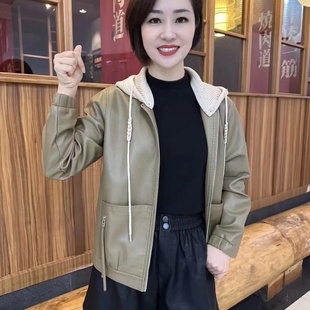 宽松洋气潮 连帽可脱卸皮夹克2025春秋新款 休闲皮衣女外套短款 时尚