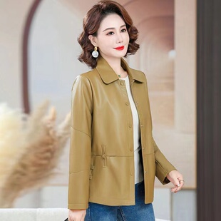时尚 小翻领西装 中老年人女PU衣服 皮衣女中款 妈妈春秋外套2023新款