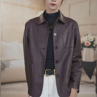 咖色长袖 美拉德时髦复古设计感大码 翻领皮衣外套 2025年新款 秋冬季