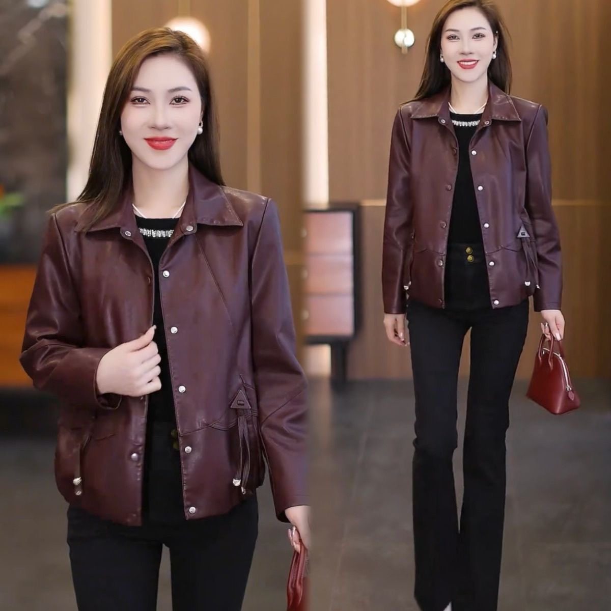 时尚翻领短款皮衣外套女2025秋冬新款洋气百搭宽松显瘦遮肉皮夹克,女装/女士精品,皮衣,淘宝优惠券,粉丝福利购,淘宝优惠卷