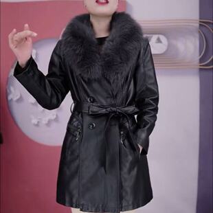 可拆毛领皮衣女中长款2025秋冬新款修身显瘦保暖夹克夹棉加绒外套