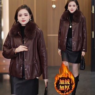 妈妈冬装加绒加厚皮棉衣短款保暖中老年女冬季时尚PU皮衣外套棉服