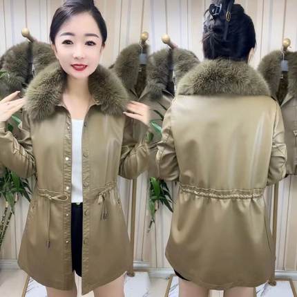 皮衣外套女2024秋冬新款气质修身显瘦加绒加厚中长款皮毛一体风衣