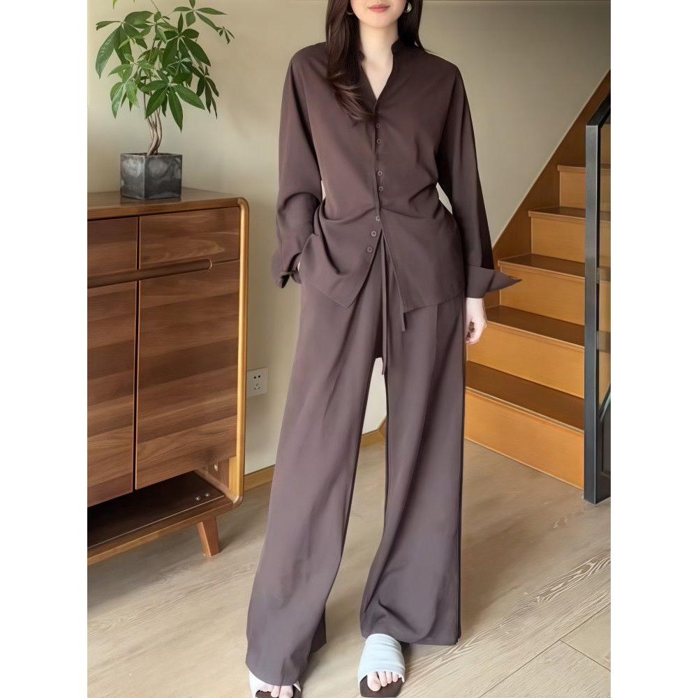 秋季新款老钱风套装优雅时髦衬衫长袖显瘦系带气质休闲裤两件装