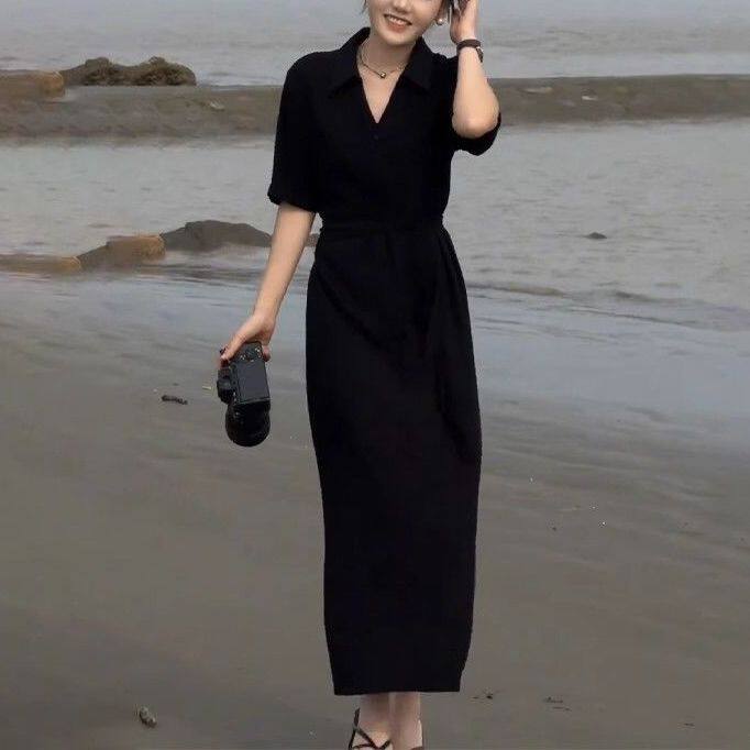 黑色衬衫式连衣裙女夏季法式高级开叉裙休闲宽松显瘦赫本风小黑裙