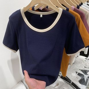 大码设计感U领撞色短袖T恤女夏季新款胖mm宽松显瘦正肩高弹力上衣