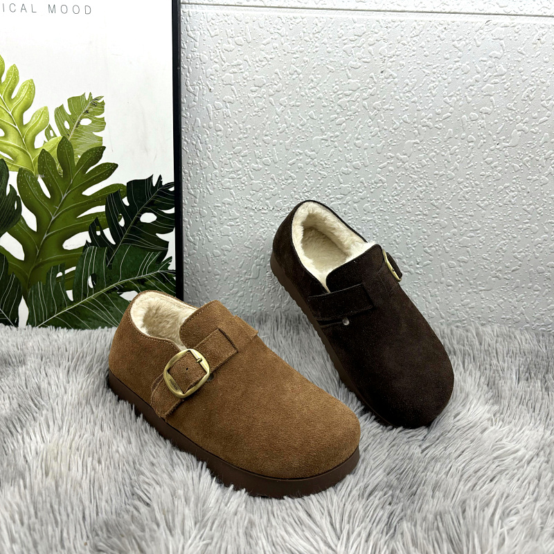 真皮复古勃肯鞋女2025冬季新款圆头加绒加厚乐福鞋懒人时尚棉鞋潮