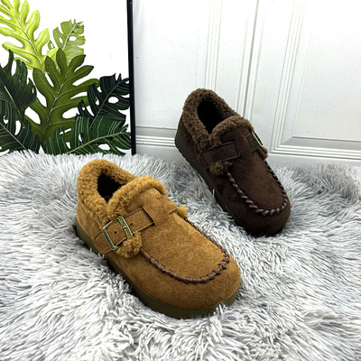 绒面复古加绒勃肯鞋女2025冬季新款圆头一脚蹬厚底毛毛鞋乐福鞋潮