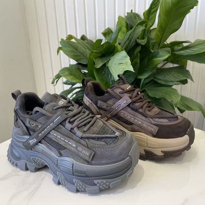 真皮厚底加绒保暖老爹鞋女2025冬季新款圆头系带运动鞋增高女棉鞋