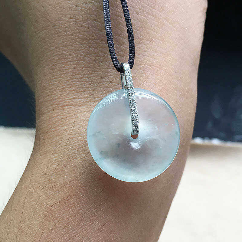 缅甸翡翠冰种飘蓝花平安扣吊坠玉扣女款18K金老种a货冰花怀古扣挂