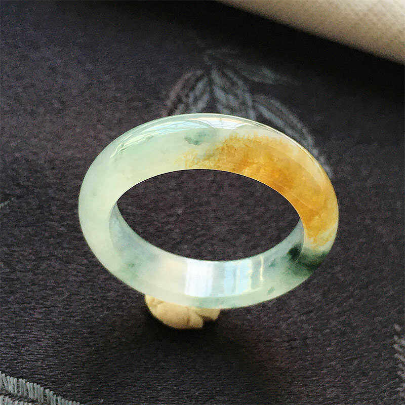 缅甸翡翠冰种黄飘花玉指环戒圈20mm老种a货冰三彩玉戒24号男款