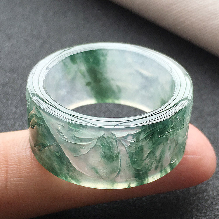 珠宝翡翠冰种蓝花山水扳指男款23.4mmA货老种高档玉指环戒圈鉴定