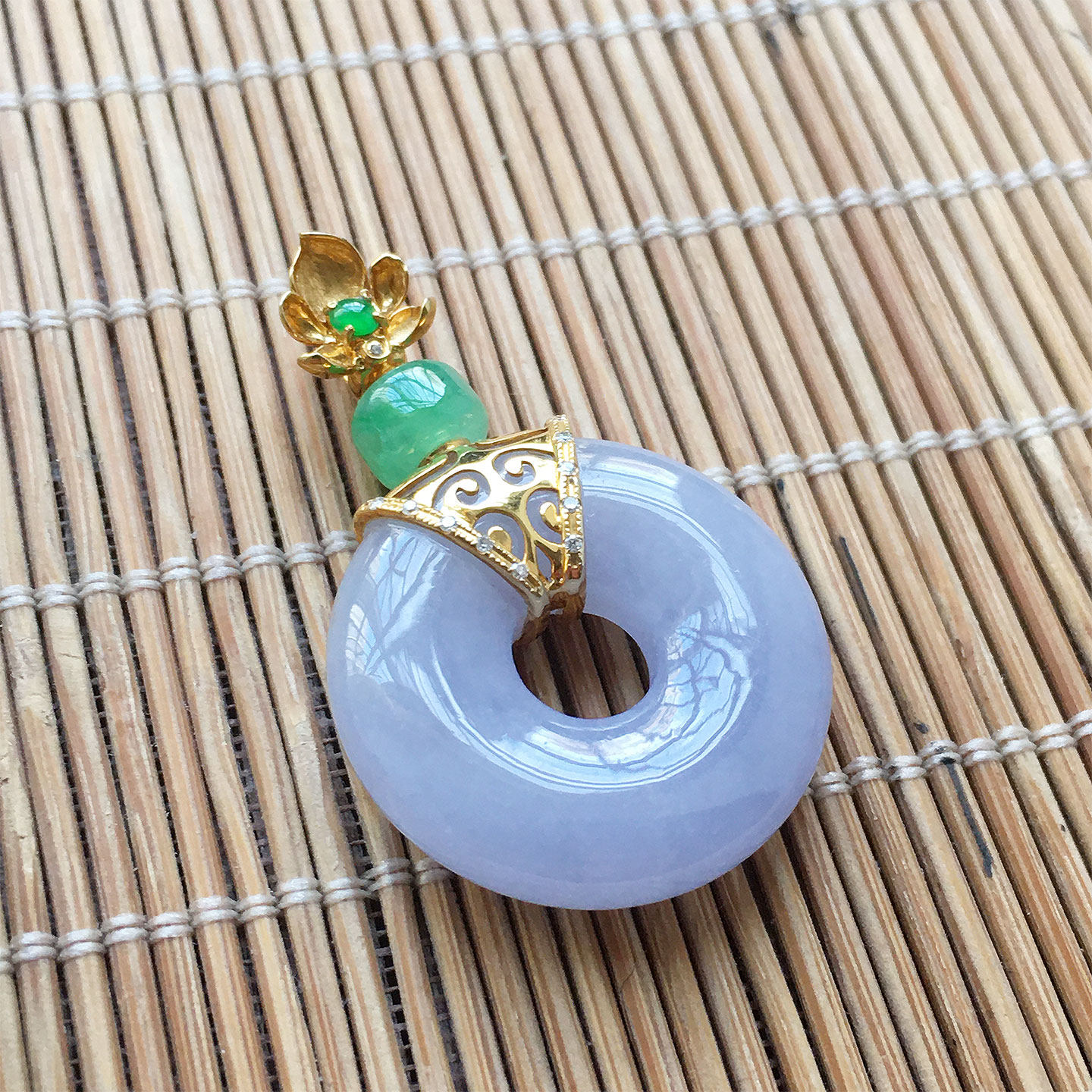 缅甸翡翠冰种紫罗兰玉平安扣吊坠18K金老种a货冰紫玉环幸运环挂件