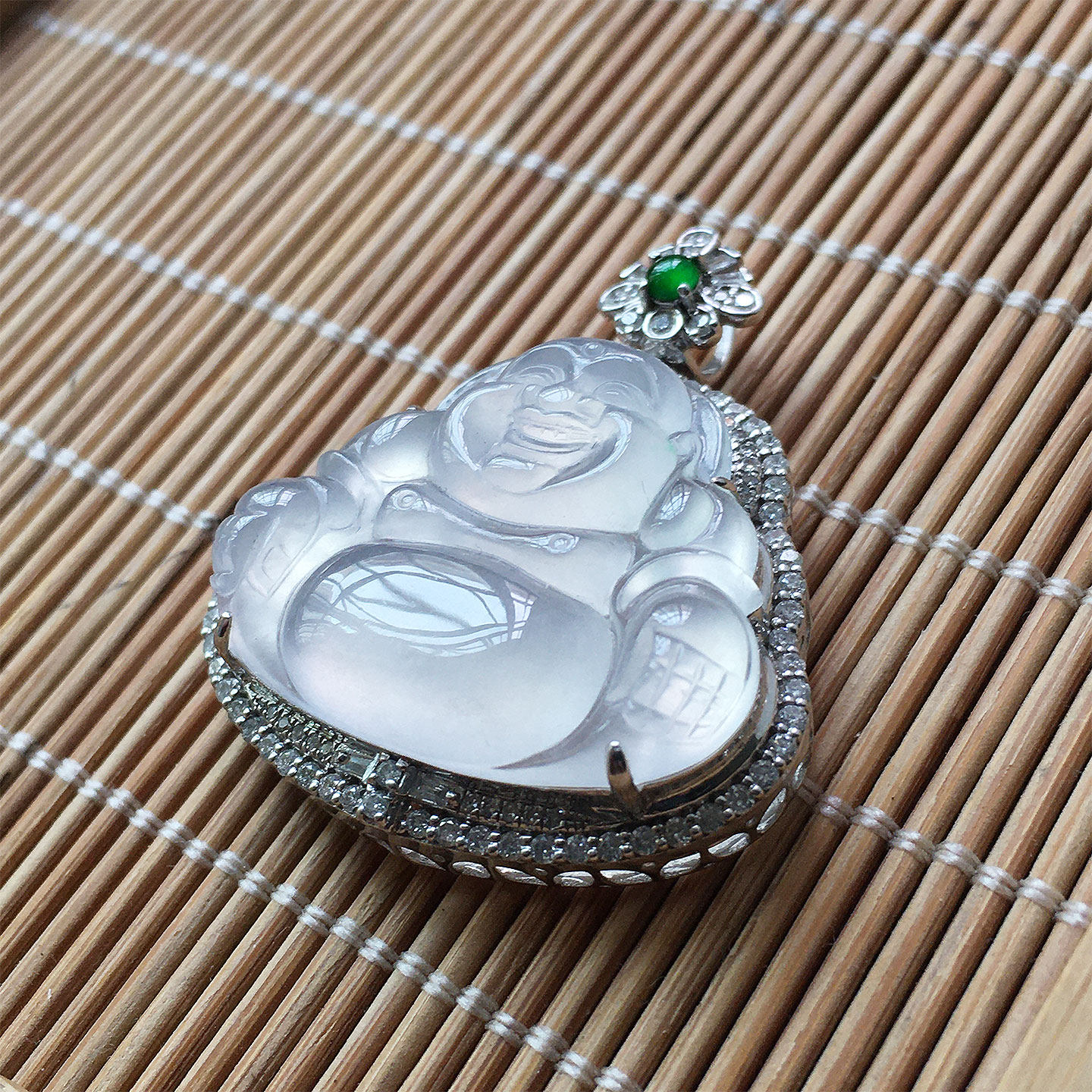 18K金镶嵌缅甸翡翠佛公吊坠白冰纯净翡翠弥勒佛挂件翡翠玉佛挂坠