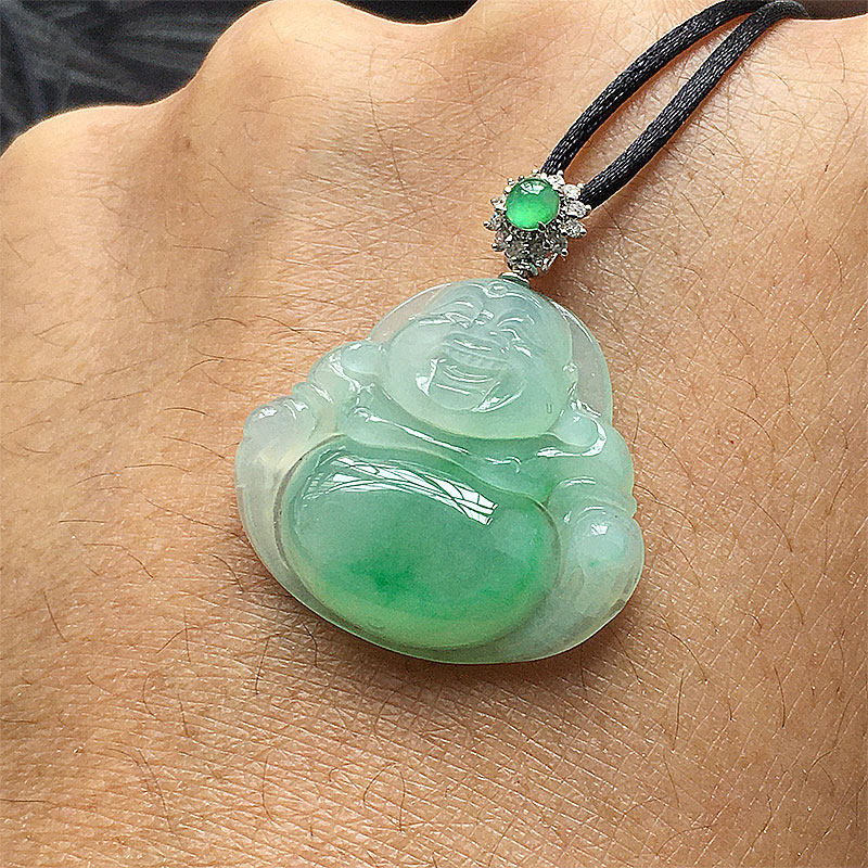 缅甸翡翠冰种翠绿色18K金扣女款佛公吊坠老种a货冰透水润玉佛阳绿